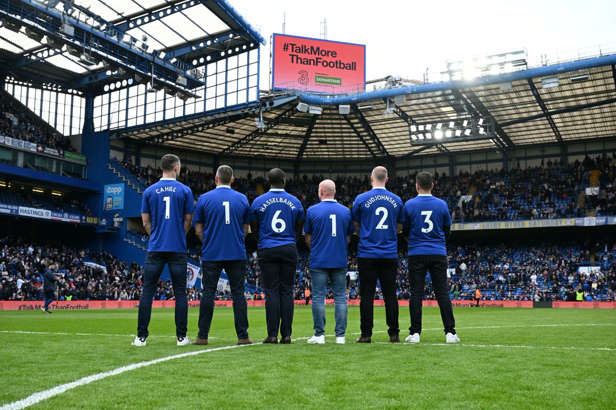 New work new work.

Men are 4X more likely to talk about football than their mental health. So, at Saturday's @ChelseaFC game Chelsea legends and fans lined up to share the @samaritans hotline number and encourage fans to #TalkMoreThanFootball. 

@WonderhoodHQ  @ThreeUK