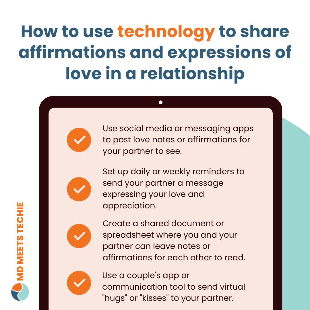MDmeetsTechie's tweet image. Tweet 1/6: How to use technology to share affirmations and expressions of love in a relationship in list form. Use social media or messaging apps to post love notes or affirmations for your partner to see. #relationshiptech