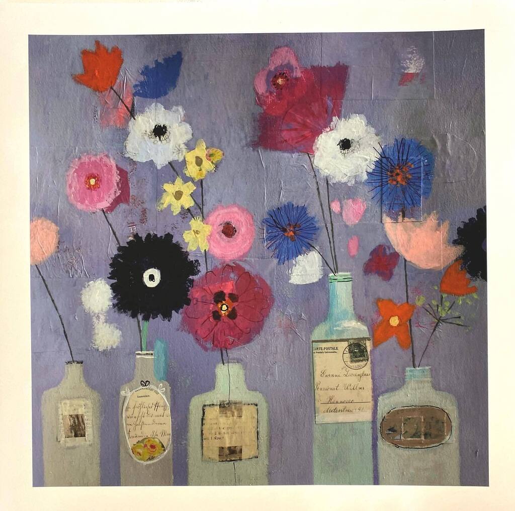 April Flowers 
Giclee Print on heavy cartridge paper 
35cm x 35 cm with a 2.5cm white border 
£60 plus postage 

This was printed as a sample and no more were printed so it’s a one off. The details of the collage on the bottle labels has come out beautif… instagr.am/p/CrLQb83IFcE/