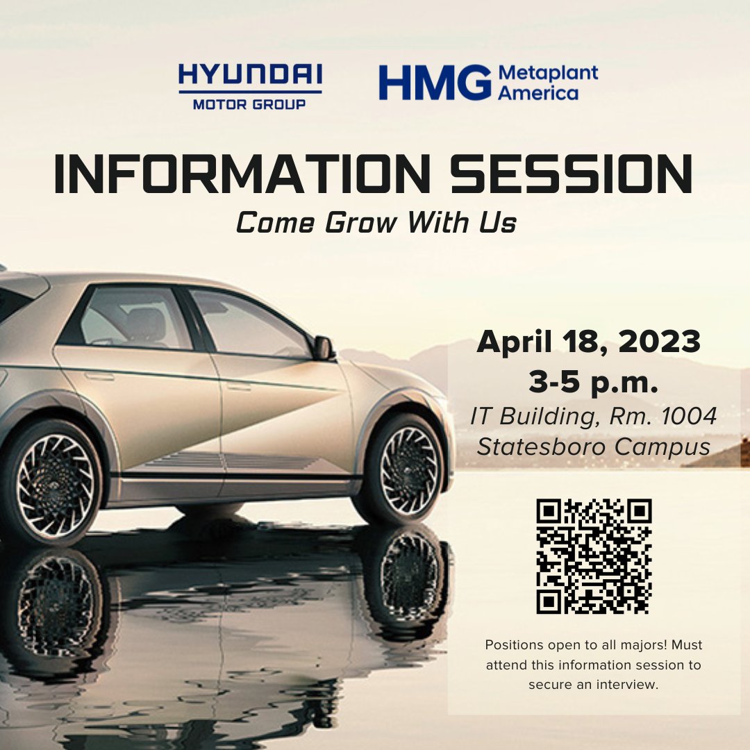 gsocpd's tweet image. Join us TODAY for this exclusive Mechanical, Electrical, Computer, and Manufacturing Engineering hiring and information session with Hyundai Motor Group Metaplant America. Attend to hear directly from Hyundai on positions available now!
