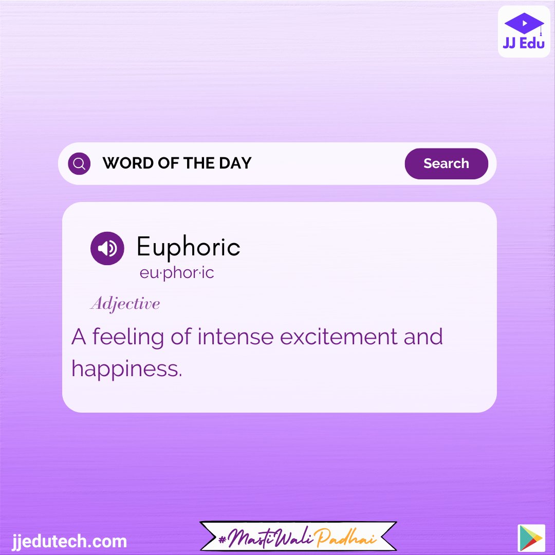 JJEDU4's tweet photo. Today’s word of the day is - Euphoric.

#edtech #wordoftheday #elearning #education #onlineclasses #class #course #mind #knowledge #updates #word #fun #learning #mastiwalipadhai #jjedu #edfunn #wordsofwisdom https://t.co/BbjSDGJhba