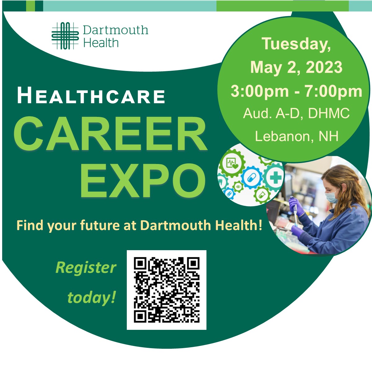 DartmouthHealth's tweet photo. Join us! Current &amp; future healthcare workers, job seekers, college &amp; high school students, parents, educators &amp; community members are all encouraged to attend. Visit https://t.co/CnUFNYwOtW to learn more and register for the May 2nd event at DHMC. 

@DHMCandClinics @DHcareers https://t.co/G08lvvSFy5