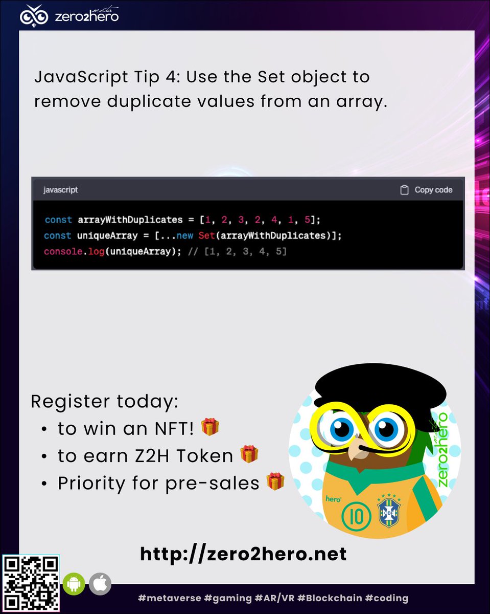 zero2hero_uk's tweet photo. Javascript Tip: Use the Set object to remove duplicate values from an array.
#WebDevelopment #JSFramework #FrontendFramework #Coding #JSDeveloper #FrontendEngineer #ModernJavaScript #JSLibraries #WebProgramming #FrontendDesign #WebApps #ReactHooks https://t.co/B1nMnKAuUN