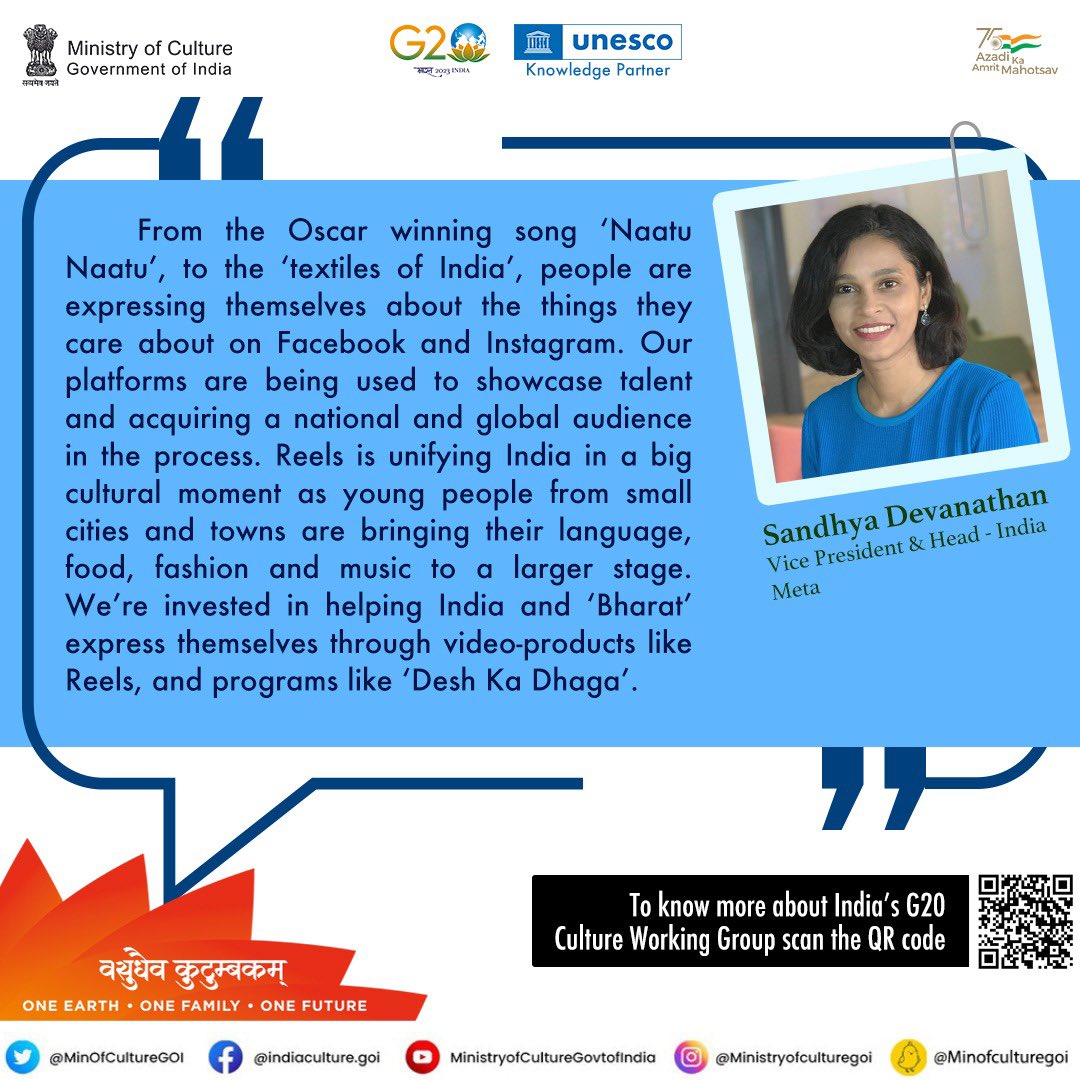 MinOfCultureGoI's tweet photo. Sandhya Devanathan, Vice President &amp; Head, @metaindia shares how social media is uniting the country, amplifying young voices from small towns and bringing their language, food, fashion, and music to the world.

#G20Culture #G20India https://t.co/Tw5yhGsWm1
