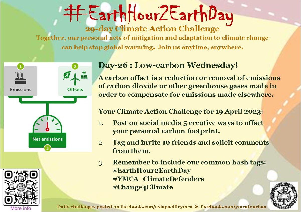 Here's your Climate Action Challenge for Day-26 (19 April 2023)
It's not too late to join now.
Let us know you are participating bit.ly/3KNebqg
Please help amplify the campaign.
#EarthHour2EarthDay
#YMCA_ClimateDefenders
#Change4Climate
#YMCASustainablePlanet