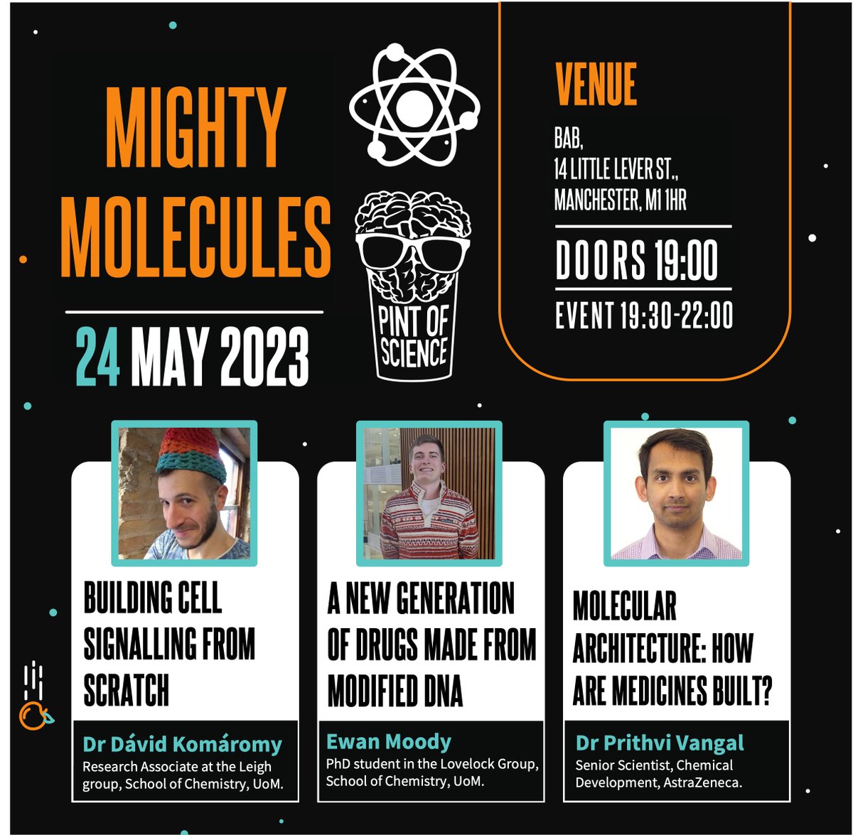 Join us for PoS Manchester - Mighty Molecules talk on 24th May! 🧪Head down to <a href="/Bab_mcr/">BAB</a> for 🍻 and 🥼! Current postdoc, <a href="/iCAT_CDT/">Integrated CATalysis (iCAT) CDT</a> student, and scientist from <a href="/ASTRAZENECAUK/">AstraZenecaUK</a> will tell you all about building molecules - you don’t want to miss out! #Pint23 pintofscience.co.uk/event/mighty-m…