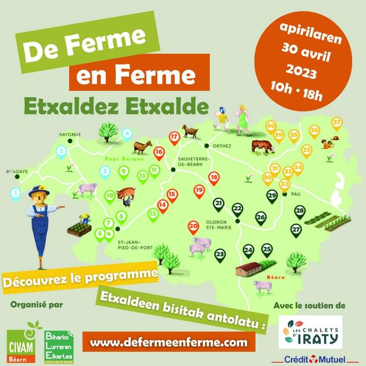 Les fermes #bio du pays basque vous ouvrent leurs portes le 30/04 de 10h à 18h. N'hésitez pas à les rechercher sur la carte et sur le site:  defermeenferme.com <a href="/BLE_CIVAMBio/">BLE CIVAM Euskal Herri</a> <a href="/CommunautePB/">CommunautéPaysBasque</a> <a href="/agence_bio/">Agence BIO</a> <a href="/interbio/">interbio</a> <a href="/TerritoiresBio/">Territoires Bio - FNAB</a> <a href="/fnab_bio/">FNAB</a> <a href="/ReseauCivam/">Réseau Civam</a>