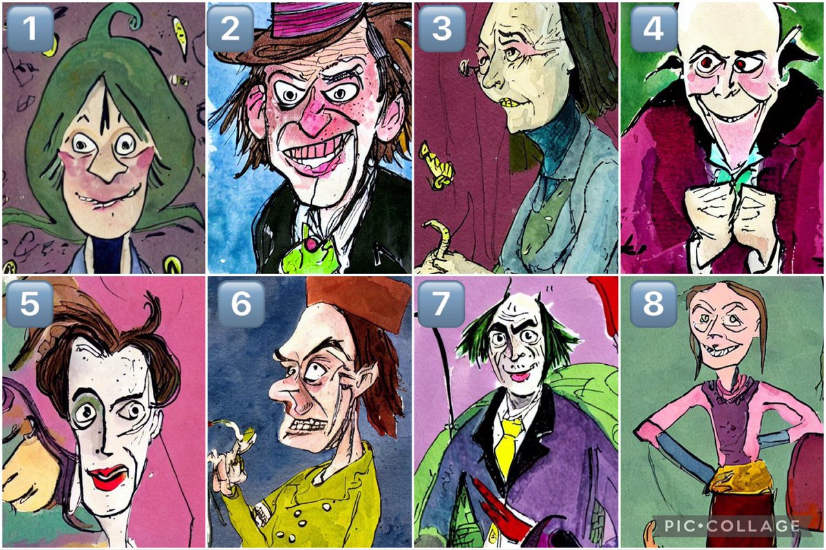 Using #AI tool stablediffusionweb.com/#demo, I entered the prompt: Roald Dahl style evil character illustrated by Quentin Blake. 

1. Vote for your favourite! 

2. What would their name be? 

3. Comment how a prompt like this could be used in the #primary classroom? 

<a href="/rarthurtweets/">Rachel Arthur</a>