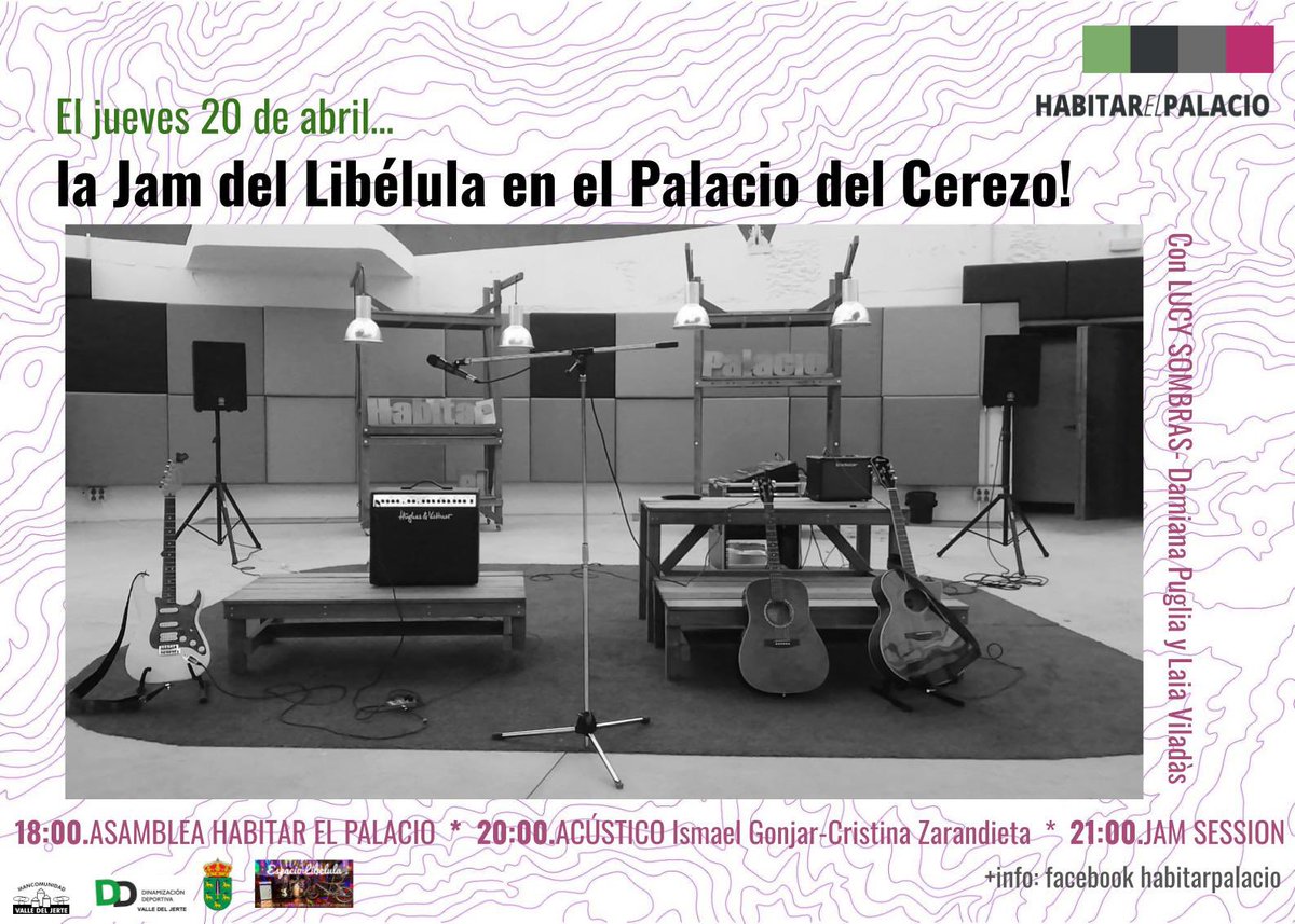 🎸 Y el próximo jueves 20 de abril el Palacio del Cerezo se pondrá muy musical gracias a las noches de Jam Session del Pub Libélula de Jerte, que se trasladan por primera vez a este espacio.

🎭 Evento acompañado del espectáculo Lucy Sombras de Damiana Puglia y Laia Viladàs.
