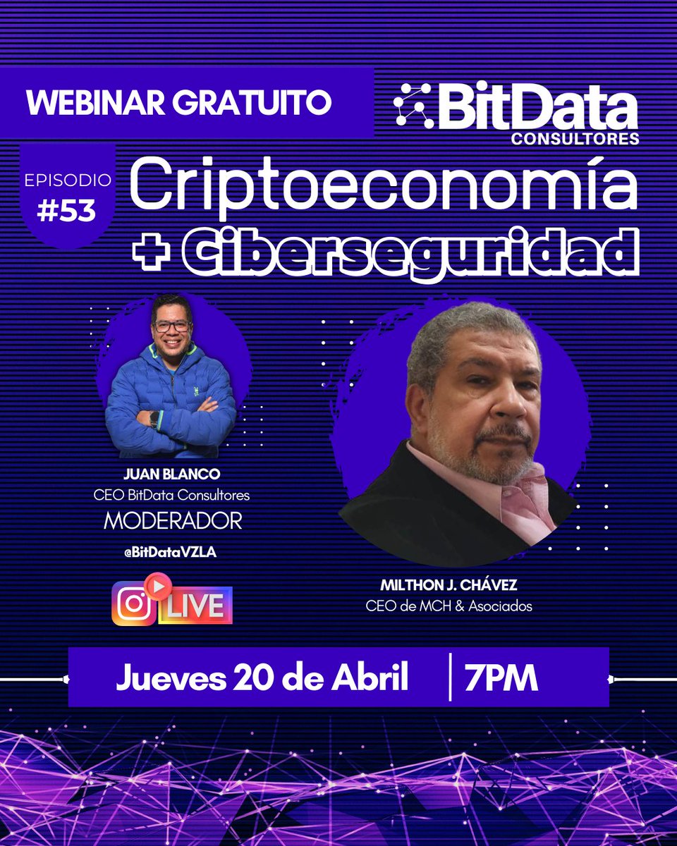 JblancoB's tweet image. Feliz Martes

Este jueves 20 de Abril, se viene el #Episodio53 #BitData LIVE por Instagram (no necesitas registro), accedes a la cuenta Instagram #BitDataVzla a las 7pm, y listo!

Tendremos invitado a @MilthonJChavez CEO de MCH &amp;amp; Asociados, especialista y experto en…