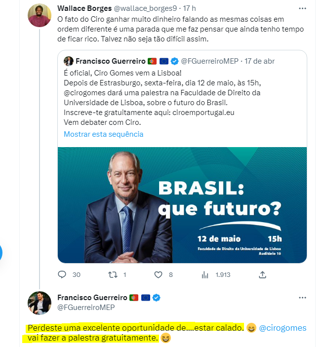 Ciro Gomes está há mais de três meses na dele, sem se meter com política ou fazer quaisquer críticas ao governo Lula. Perdeu as eleições e foi cuidar da vida.

Ele dará uma palestra no dia 12 de maio, em Portugal, daqui quase a um mês. O nome da palestra é 'Brasil: que futuro?'.+