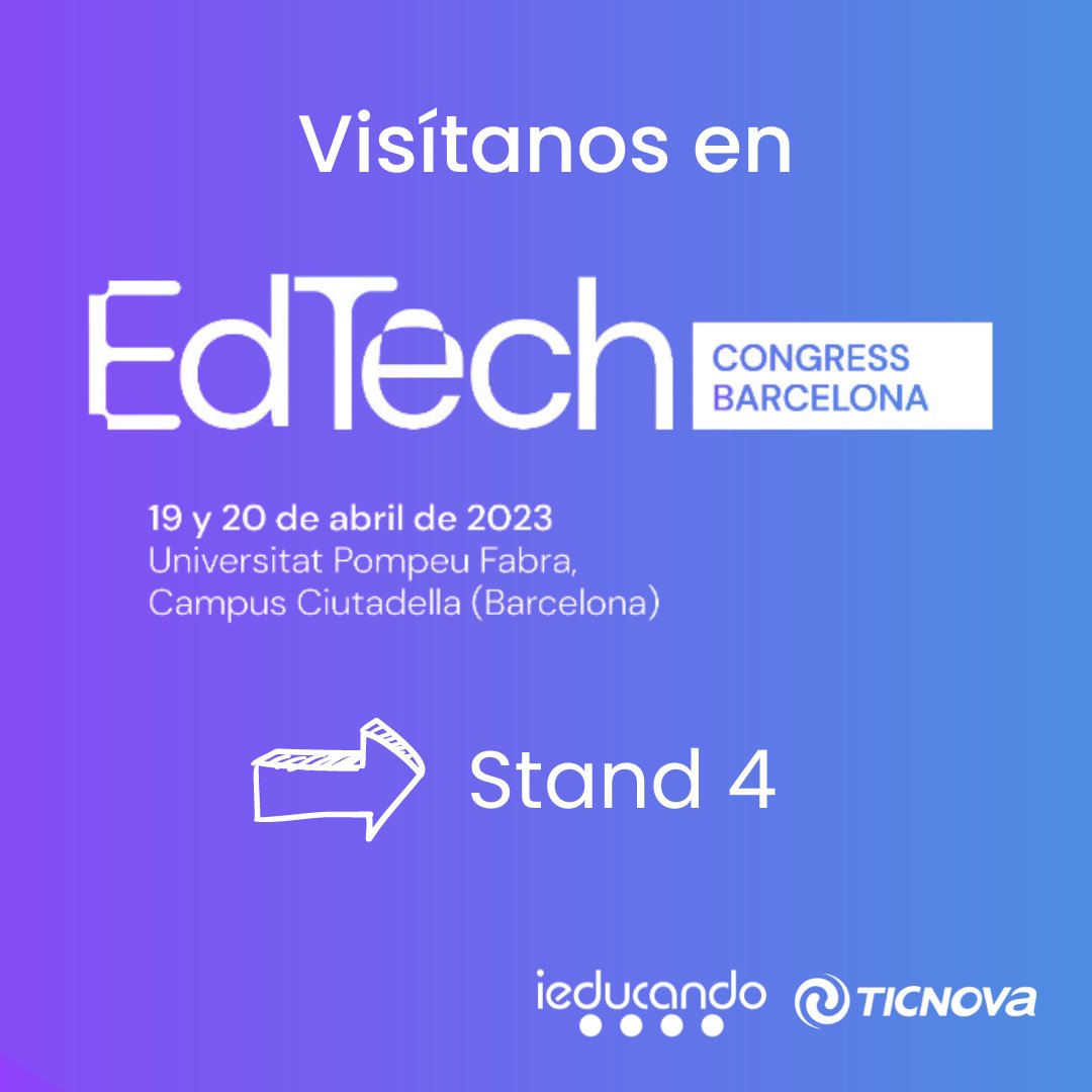 ieducando's tweet photo. Mañana podrás encontrarnos en Edtech Congress que organiza @EdutechCluster 👏
Estaremos junto a los compañeros de #Ticnova para hablar de innovación... ¡y mucho más!💡
📍Pásate por nuestro stand en la zona de Expositores
#edtechcongressnbcn23 #AprenderentiemposdeIA https://t.co/nyvHEOwtll