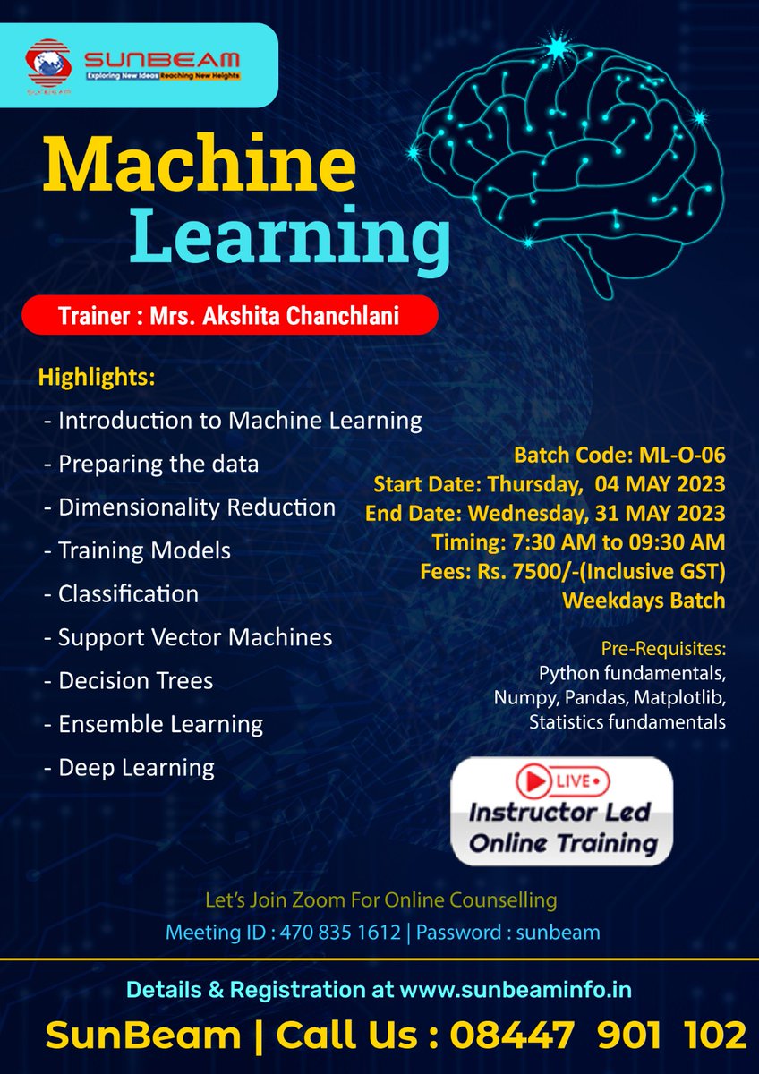 siitofficial's tweet image. With the help of SunBeam's Experts, develop your Machine Learning skills and grow your career.
Let's Join the Machine Learning Course today and learn Machine Learning concepts. Hurry Up and enroll right now.
#machinelearning #machinelearningcourse #SunBeam #Pune