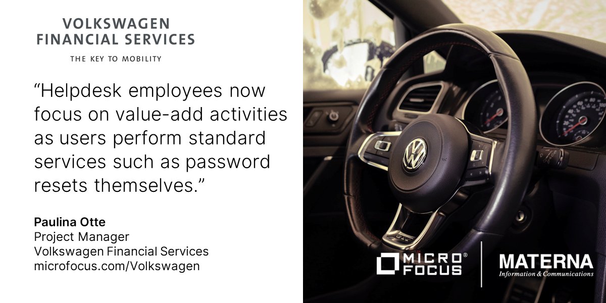 The world’s largest automotive financial services provider, <a href="/Volkswagen_FS/">Volkswagen Financial Services</a> improved helpdesk productivity with more streamlined IT support using <a href="/MicroFocus/">Micro Focus</a>, now <a href="/OpenText/">OpenText</a>, Service Management Automation X. #CustomerSuccess #MyCompany bit.ly/40nU4mt