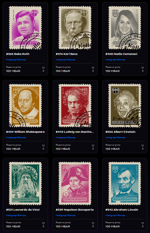 📢A great selection of 10 NFT stamps is up for sale for only 100 HBAR each📢
⚡️Go get yours on hashaxis.com/creator/catali…

#HBARNFTs #HBARbarians #NFTCommunity #HBAR #Hedera #HederaNFT