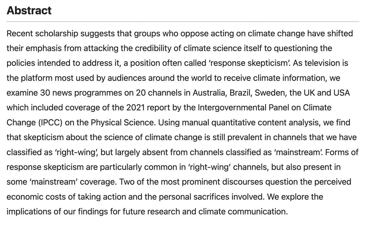 New from CSSN scholars @JamesPainter61 et al 'Climate delay discourses present in global mainstream television coverage of the IPCC’s 2021 report' nature.com/articles/s4324…