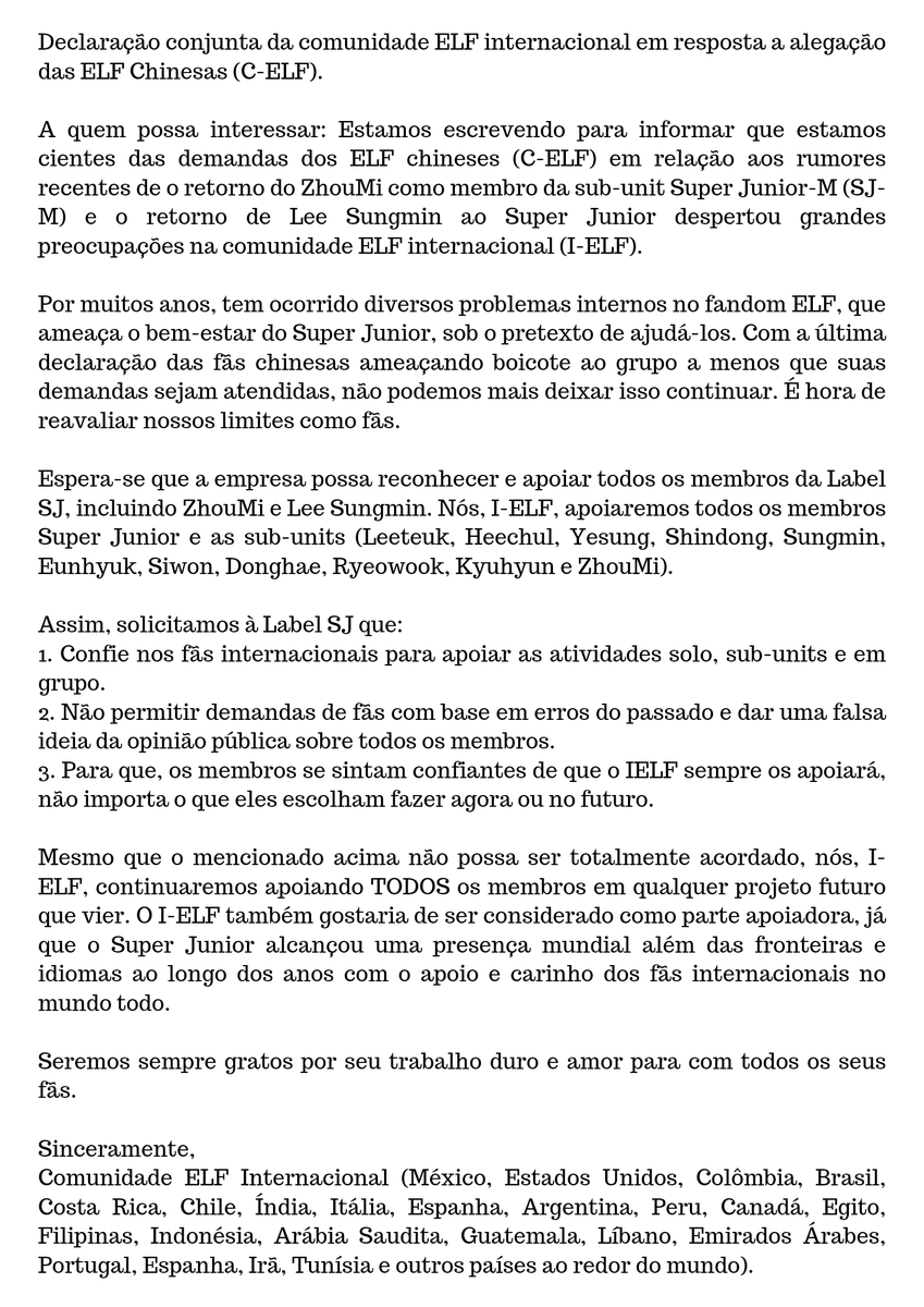 › A Central Siwonest juntamente de várias fanbases internacionais, estamos postando nossa preocupação e total apoio a todos os membros do Super Junior, incluindo ZhouMi e Sungmin, não podemos ficar parados! 💙

#IELFSupportZhoumi 
#IELFSupportSungmin
#IELFStandbySuperJunior