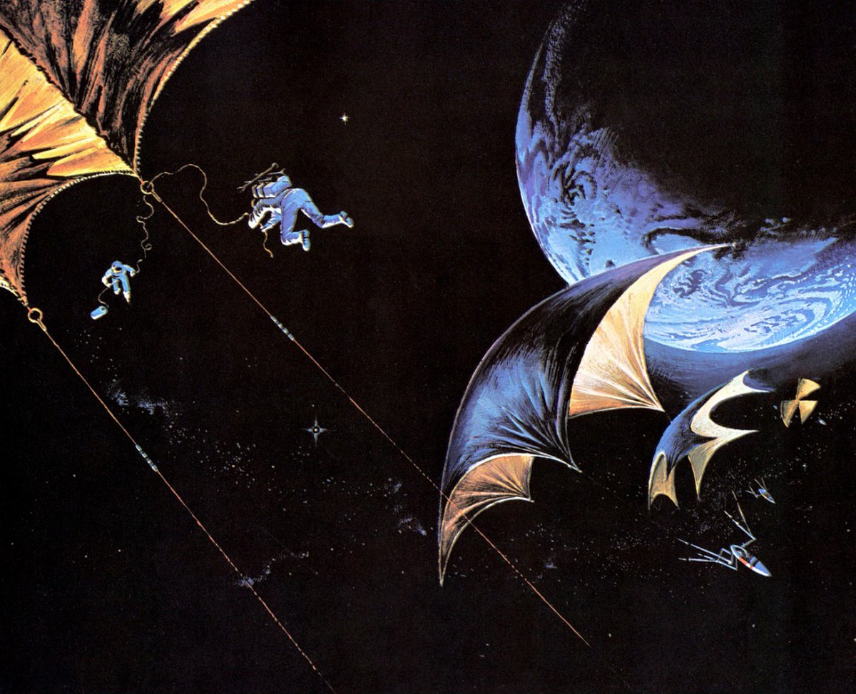 afrocosmist's tweet photo. solar sails (aka lightsails) — spacecraft propelled by the sun. art by bruce pennington, frank tinsley, robert mccall, &amp; a cameo by the shuttle-inspired sojourner 1 from the apple tv+ show "for all mankind" https://t.co/A5B2HQuQNL