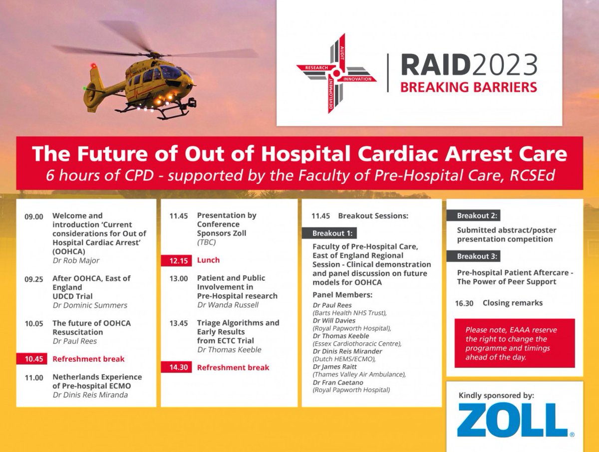 EAAA RAID Group (@eaaaraid) on Twitter photo Don't forget to register for this Online Conference next Friday.
6 Hours of CPD from <a href="/FPHCEd/">prehospitalcare</a>
Sponsored by <a href="/MedicalZoll/">ZOLL_Medical</a>
Amazing line up of experts, discussing Pre-hospital, in-hospital and aftercare systems for Out of Hospital Cardiac Arrest
eaaa.org.uk/our-work/clini⦠Don't forget to register for this Online Conference next Friday.
6 Hours of CPD from <a href="/FPHCEd/">prehospitalcare</a>
Sponsored by <a href="/MedicalZoll/">ZOLL_Medical</a>
Amazing line up of experts, discussing Pre-hospital, in-hospital and aftercare systems for Out of Hospital Cardiac Arrest
eaaa.org.uk/our-work/cliniā¦