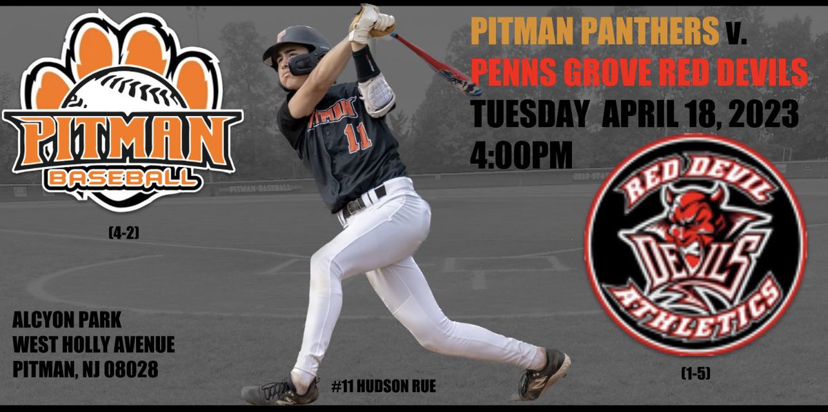 Pitman will host Penns Grove at Alcyon Park today at 4PM! @PHSBaseballNow @PitmanAthletics @pitmanschools #PitmanPantherPride