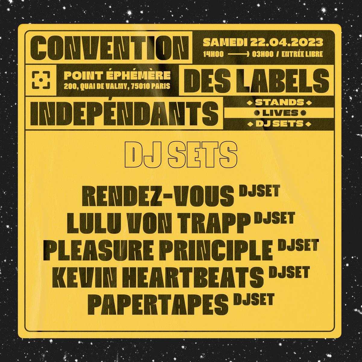☀️ Dalle Béton, Quasi Qui, Rouge-Gorge, Annabel Lee (...) en live 

🌔 Rendez-Vous, Lulu Van Trapp, Kevin Heartbeats (...) en DJ set 

J-5 avant la Convention des Labels Indés, ça va être grave bien 💥

👁️ facebook.com/events/7799830…