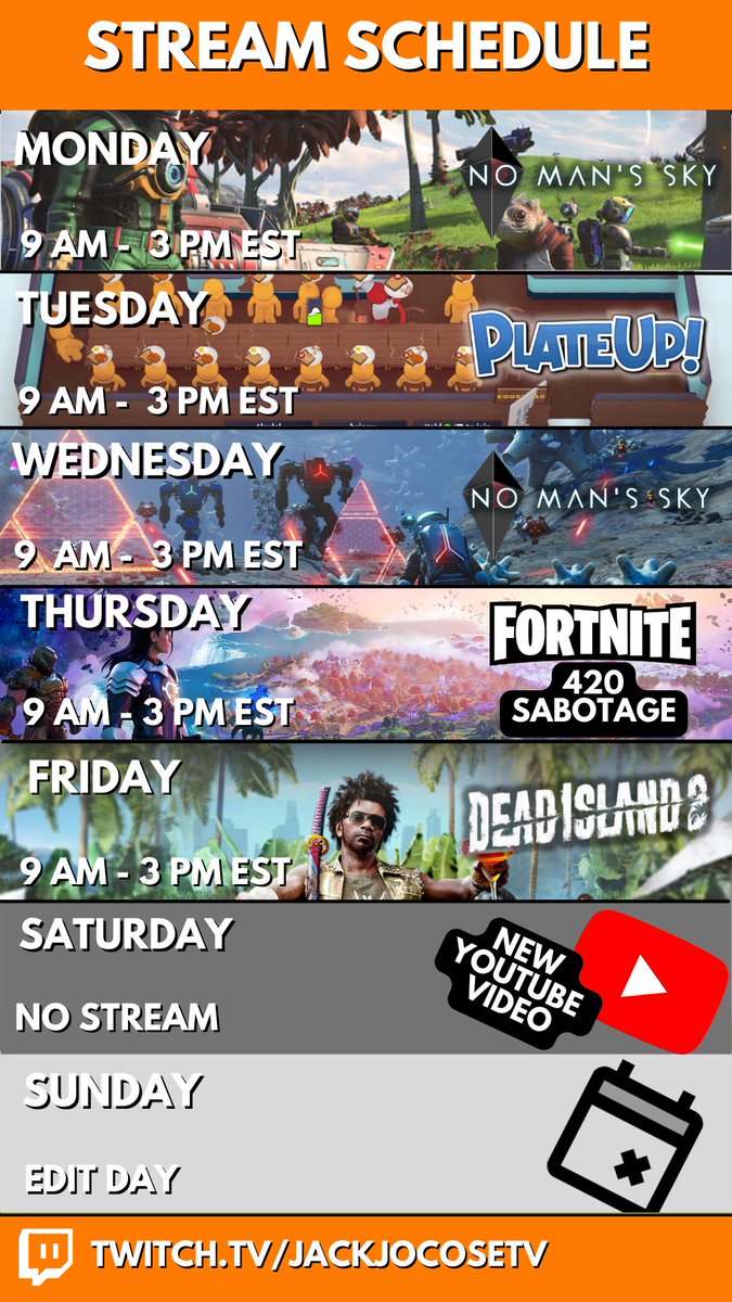 This Week's Stream Schedule 🦘
.
.
.
.
#NoMansSky #plateup #Fortnite #deadisland2