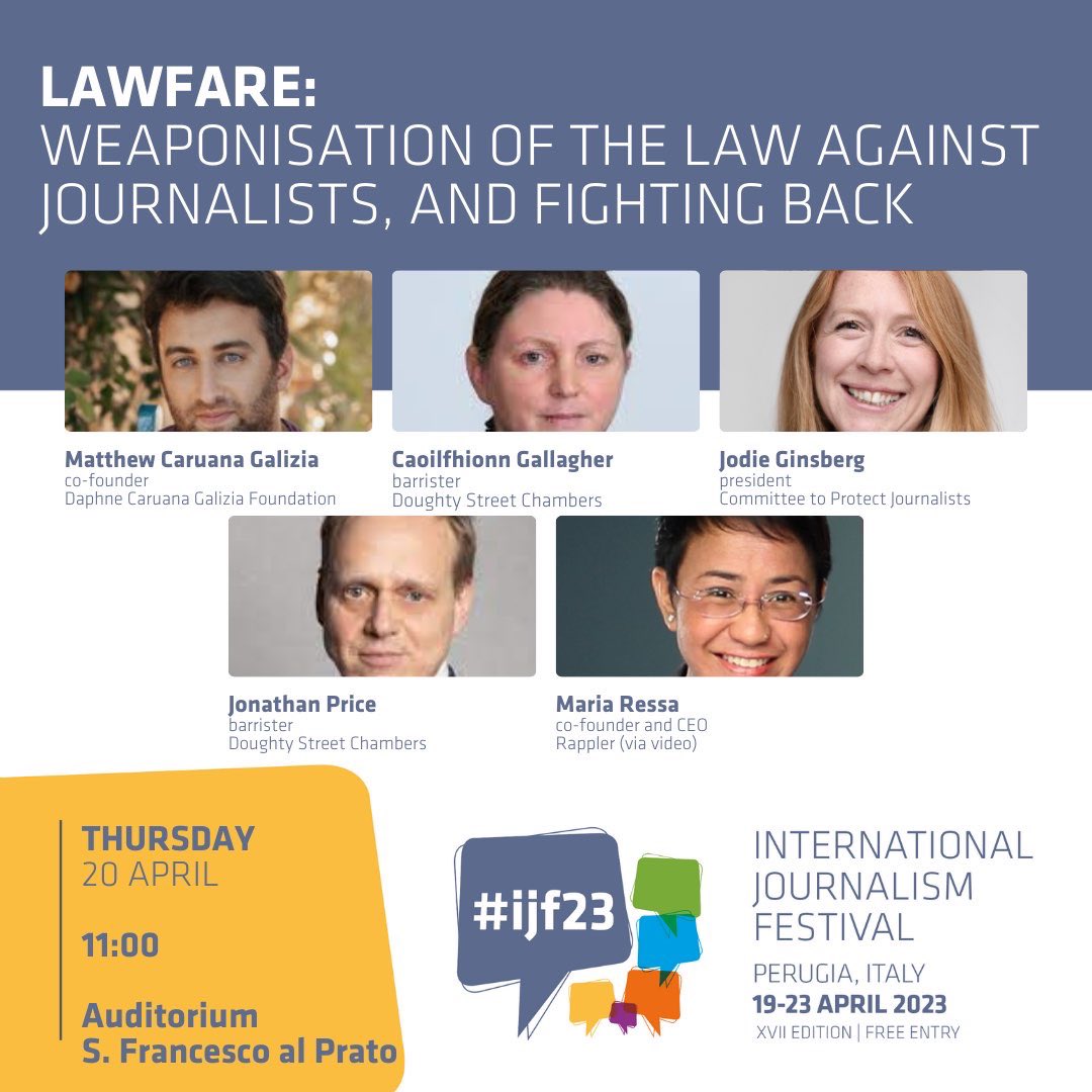 Join us at @journalismfest in Perugia this Thursday 20th April, 11am CET, at the Auditorium S.Francesco al Prato. Can't make it to Perugia? Join the debate online (event link below) or catch up with the on-demand recording afterwards. #ifj23 #SLAPPs journalismfestival.com/programme/2023…