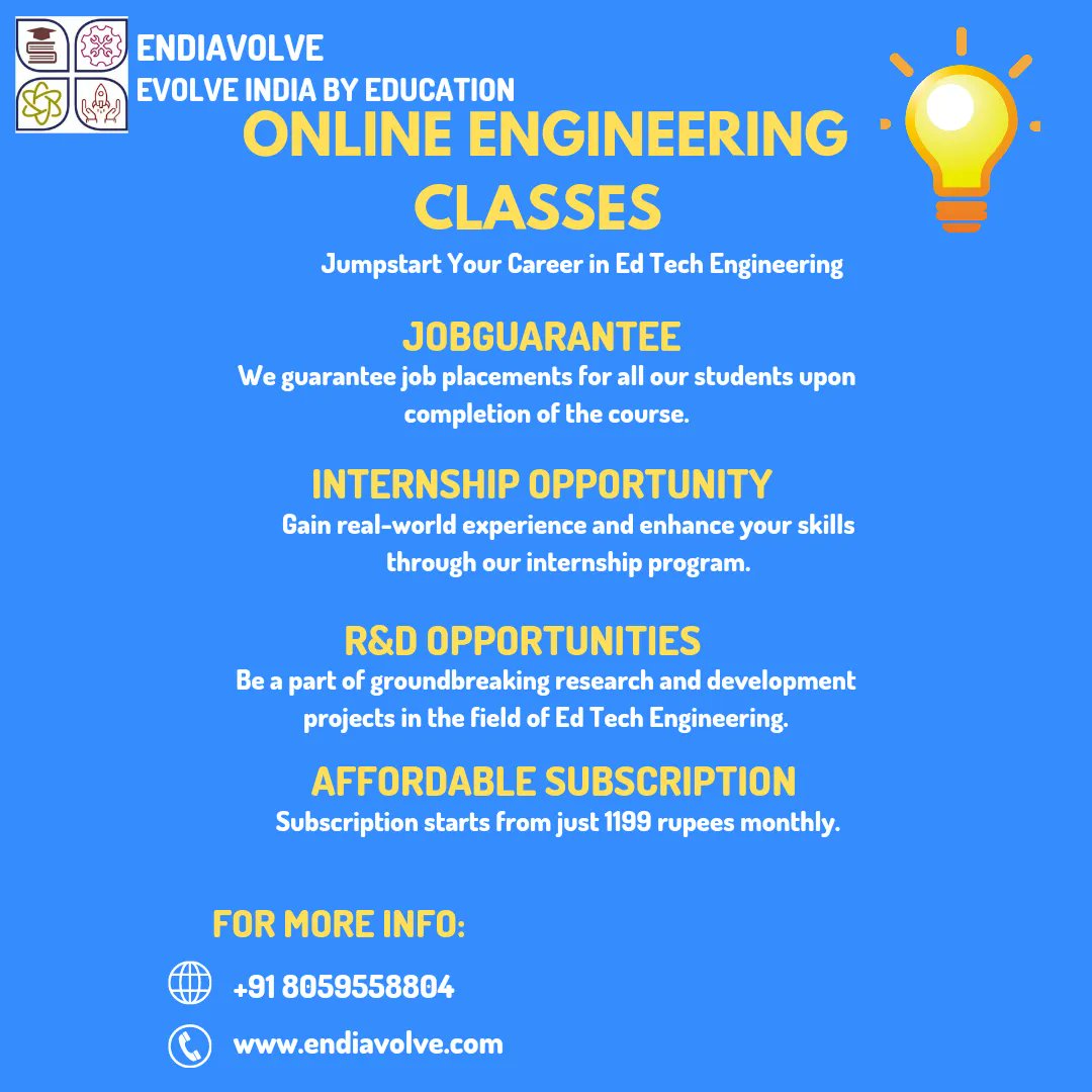 endiavolve's tweet image. Step into the future of engineering education with our edtech course! Our state-of-the-art platform offers a dynamic learning experience that adapts to your needs. #futureoflearning #engineeringdegree #electricalengineering #civilengineering #chemicalengineering #startup #edtech