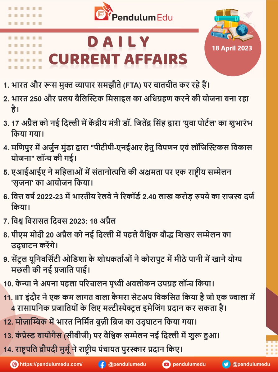 pendulumedu's tweet photo. Current Affairs of 18 April 2023 in Hindi - https://t.co/R5xdzTSlaB
#currentaffairs #news #latestnews #breakingnews #currentaffairsforssccgl #exampreparation #ssccgl2023 #generalawareness #knowledge #latestgk #currentaffairs2023 #currentaffairsformppsc #todaycurrentnews https://t.co/0haDRmBtrY