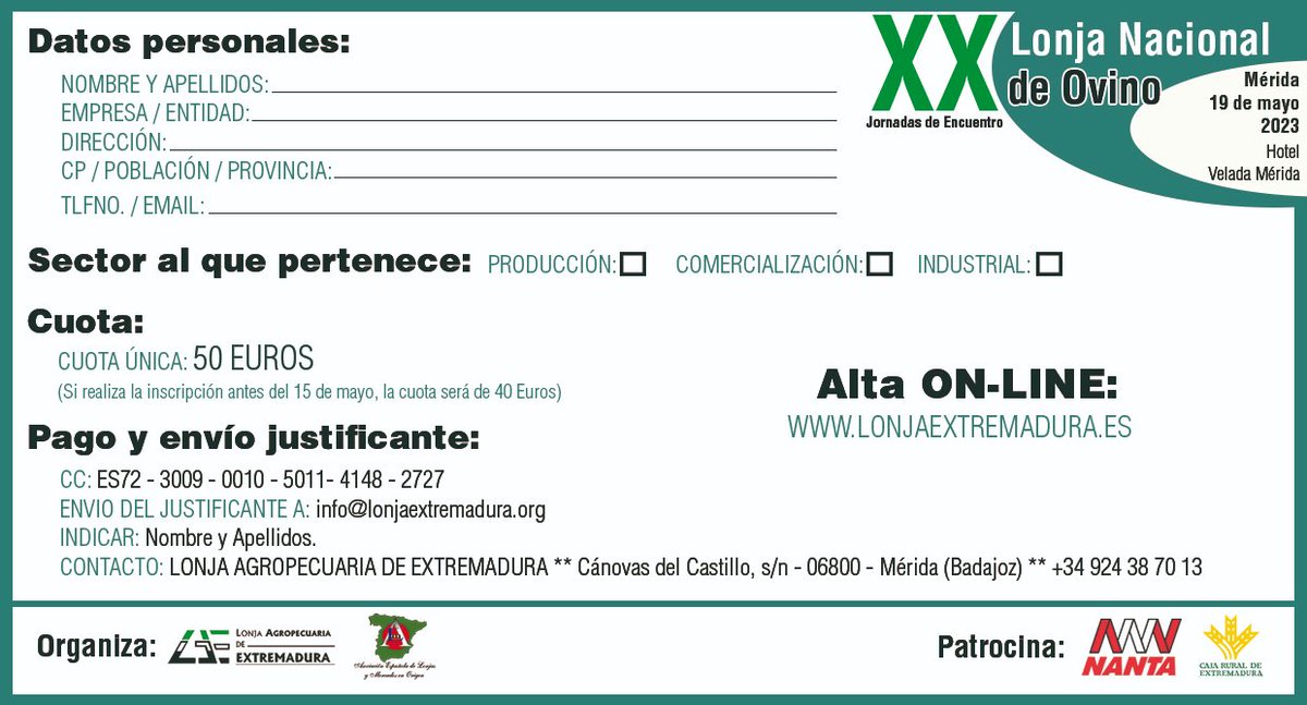 LONJADEEXTREMAD's tweet photo. 👉La Lonja de Extremadura junto a la Asoc. Española de Lonjas y Mercados en Origen, celebrarán la XX Lonja Nacional de Ovino, jornadas de Encuentro.
🏦Tendrán lugar en Mérida
📅El viernes 19 de mayo.
📍Hotel Velada Mérida. https://t.co/1VaR4Mwwmm