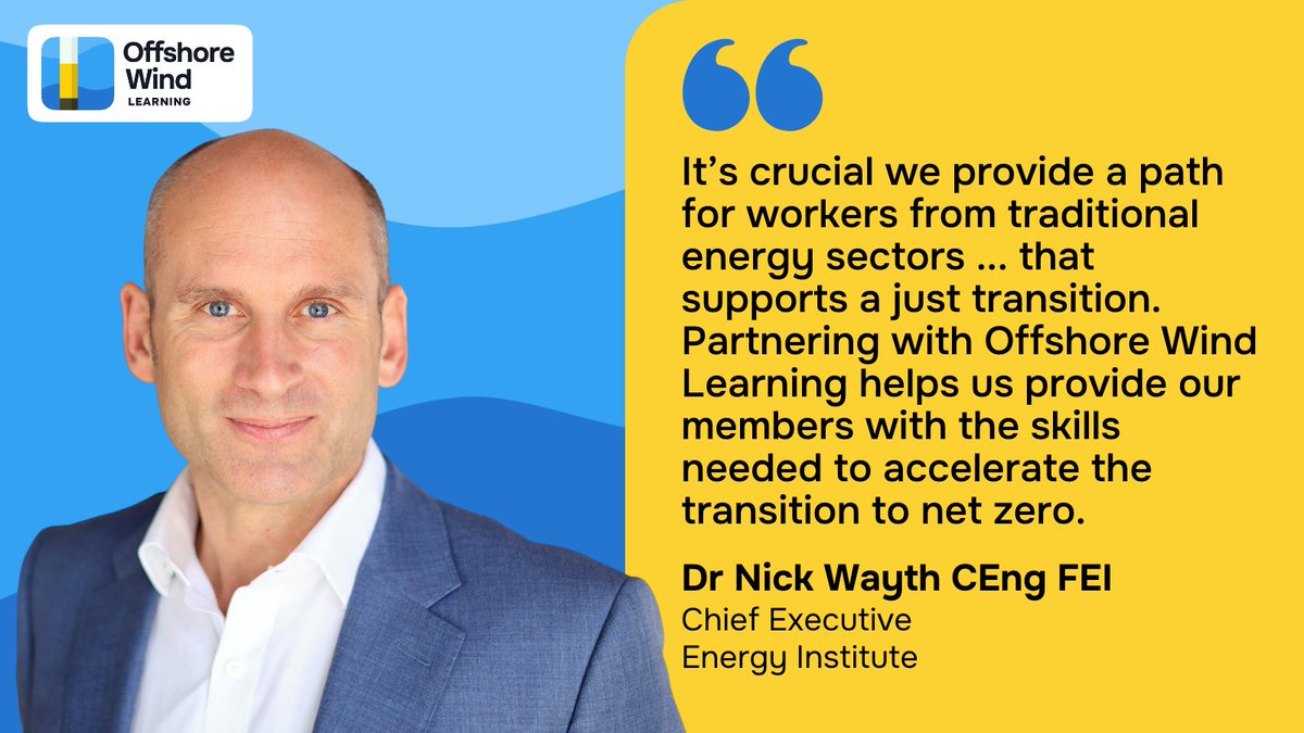 OffWindLearning's tweet image. &quot;It’s crucial we provide a path for workers from traditional energy sectors that supports a #justtransition&quot; says Dr Nick Wayth, CEO of our founding partner @EnergyInstitute, on our online course.

Enroll today to start your #OffshoreWindLearning journey👉 offshorewindlearning.com