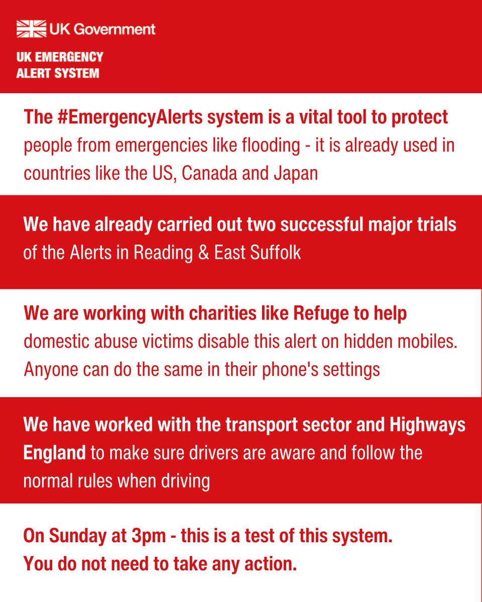 cabinetofficeuk's tweet image. There&apos;s been a lot of discussion and claims about our test of the Emergency Alerts 🚨📱system on Sunday at 3pm. Here&apos;s some important information you need to know 👇
