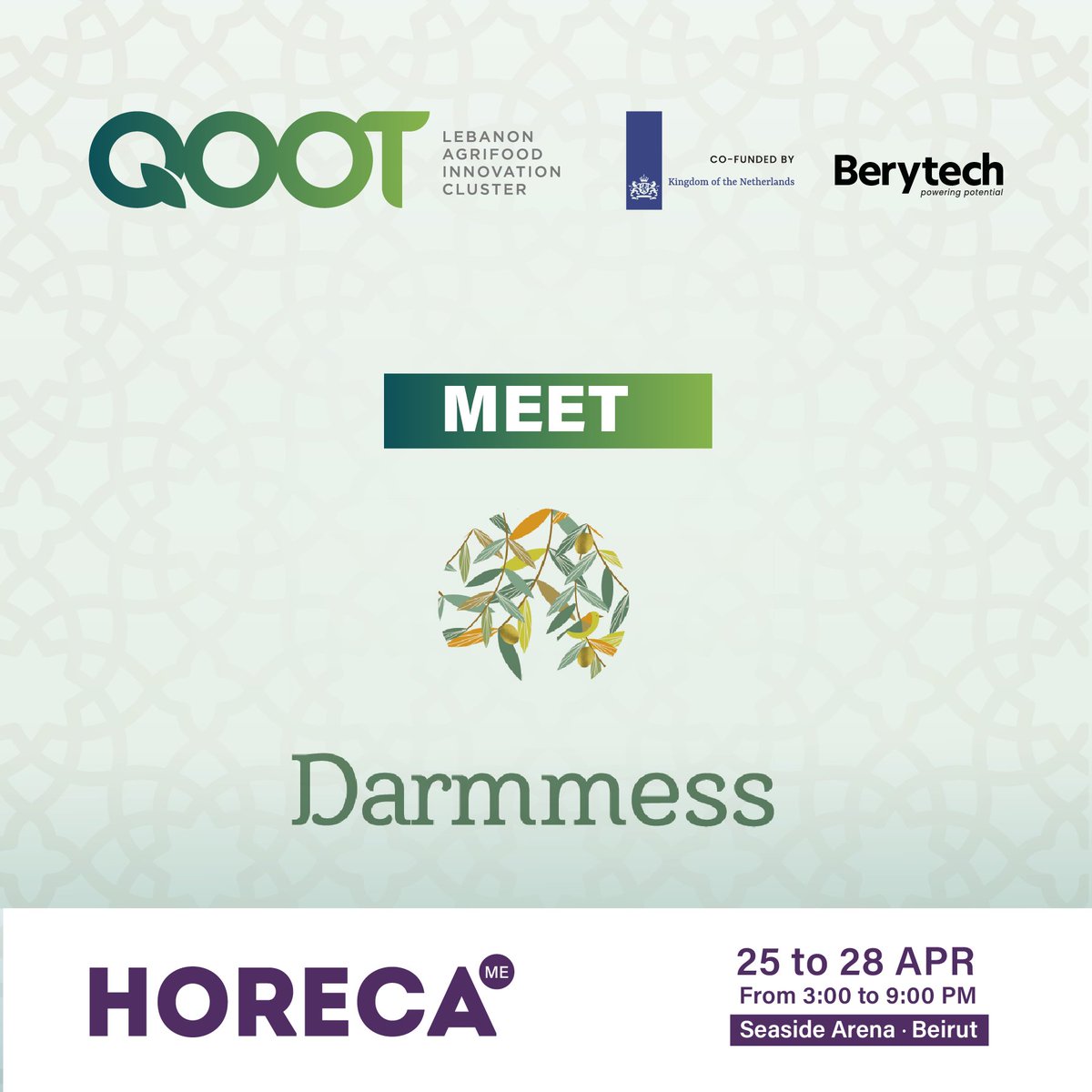 QOOT Cluster member Darmmess will be one of the members showcasing at our booth in HORECA this year. 
Book your calendars and join us April 25 – 28 from 3 to 9 pm at the Seaside Arena, Beirut.

qoot.org/qoot-cluster-s…

@HorecaConnects #HORECALebanon #QOOTinHORECA