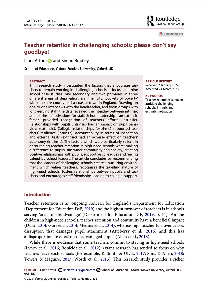 TeacherToolkit's tweet image. This will be difficult reading for @Ofstednews and HMCI. 

New research investigates the factors that encourage teachers to REMAIN working in challenging schools.

It validates the experiences of thousands of teachers.

Teacher retention in challenging schools (Arthur &amp;amp; Bradley,…