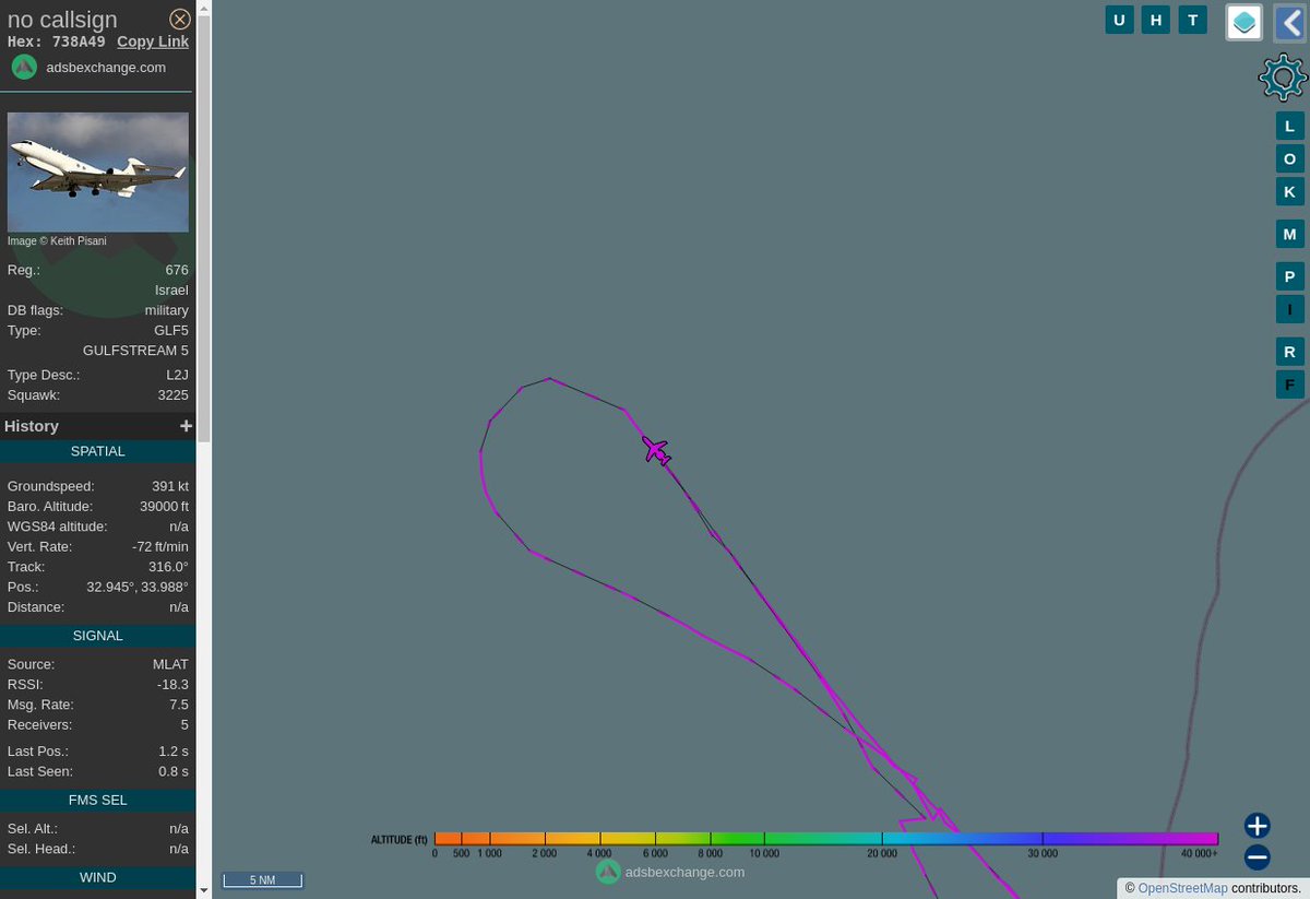 MULTI ADSBX MANOEUVRING ALERT : At time Tue Apr 18 13:28:30 2023 #@@@@@@@@ was likely to be manoeuvring at FL390 21nm from HRZ Herzlia_NDB_IL
 near unknown - geo locator service failed #AvGeek #ADSB globe.adsbexchange.com/?icao=738A49&z…