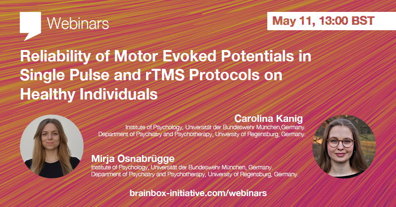 Brainbox_Init's tweet photo. 🧠New Webinar: Reliability of motor evoked potentials in single pulse and rTMS protocols on healthy individuals. Led by Carolina Kanig and Mirja Osnabrügge.

#webinar #neuroscience #rTMS #TMS #nibs #brainstimulation #BBI
 
Book your place here: https://t.co/WdWz6KBOzN https://t.co/vu9bpapw7E