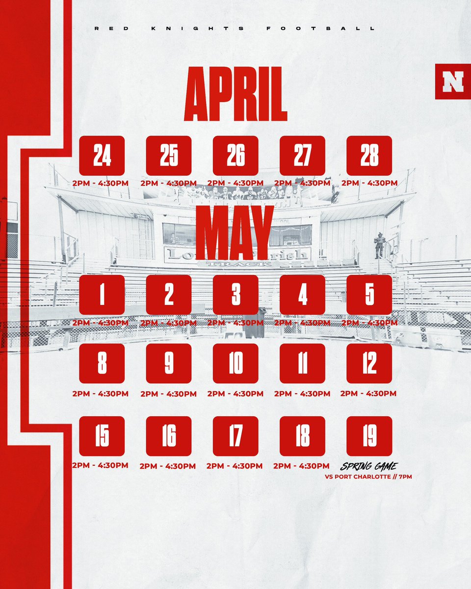 NFMHS_Football's tweet photo. Make sure you make your way to 5000 Orange Grove Blvd April 24th-May 19th‼️ Spring ball is coming #BuiltDifferent #GoBigRed ⚔️🛡️🏈 #UPDATEDSCHEDULE 🚨 @239Sneddon @CoachPasquale @_CoachCottrell_ https://t.co/k6mKmGa8a9