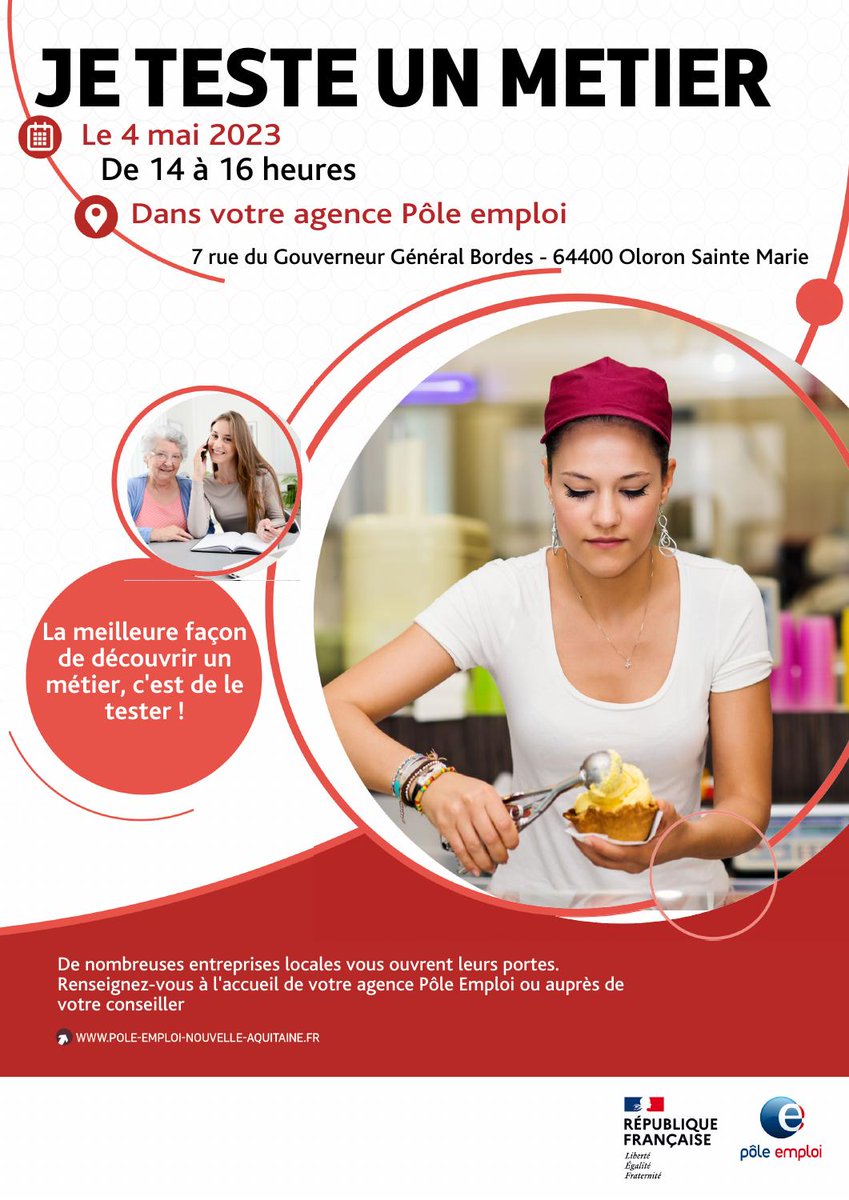 📢RDV le 4 mai au @pole_emploi de <a href="/VilleOloron/">Oloron Sainte-Marie</a>, pour découvrir des métiers via des immersions dans les entreprises qui recrutent sur le territoire (hôtellerie/restauration, industrie et santé)
👉 Inscription préalable auprès de votre conseiller(ère) @pole_emploi 
#AvecPoleEmploi