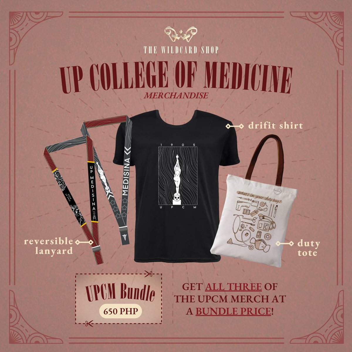 TaoRinPala's tweet photo. Indulge yourself with this game-winning promo: the UPCM Bundle!

Order this bundle and receive these amazing items:
⦾ Reversible Lanyard
⦾ Duty Tote Bag
⦾ Lady Med Drifit Shirt https://t.co/xni6P8alLt