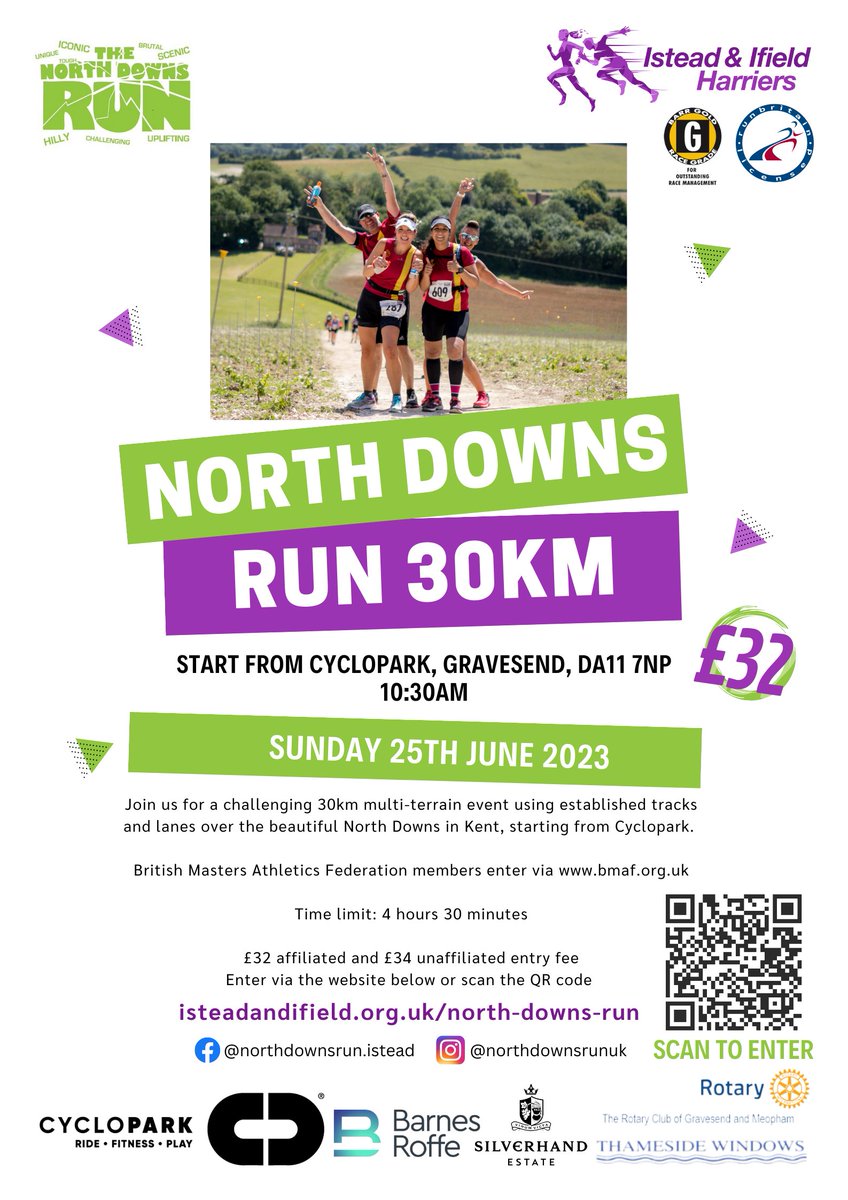 The North Downs Run is a 30km trail race in its 39th year starting & finishing at Cyclopark -Sunday 25th June 2023 The race is one of the most beautifully scenic races in the Southeast You can sign up here: bit.ly/3EZM6rh