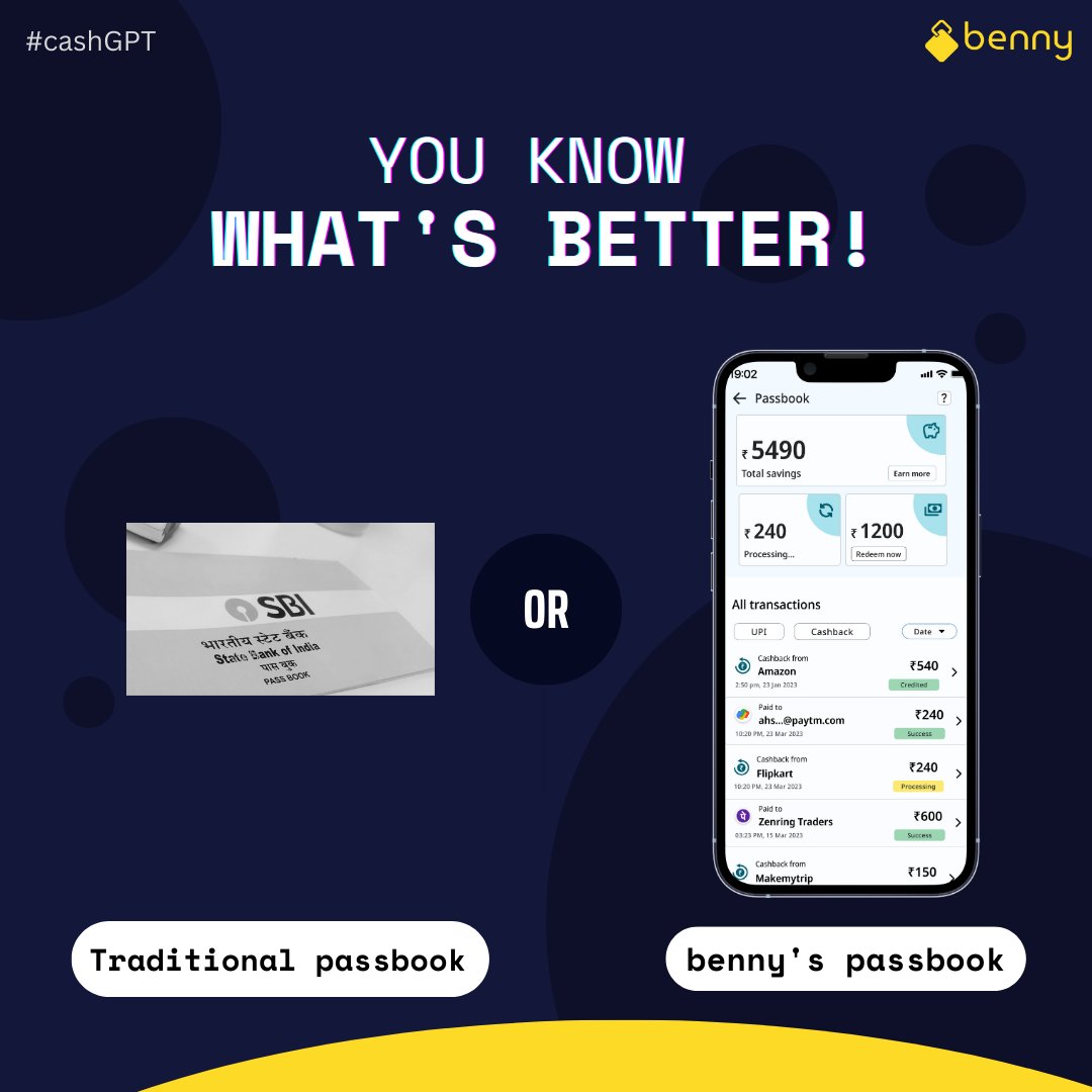 bennyapp_'s tweet photo. Gone are the days of following a traditional passbook!🤷‍♂️

In benny, experience the all-new passbook feature 💥

All of your transactions are in one place!📊

Try now: https://t.co/wspGOBWMHT

#benny #cashGPT #Passbook #cashback #cashbackworld #cashbackapp #savemoney #coupon https://t.co/oZEDilVE6t