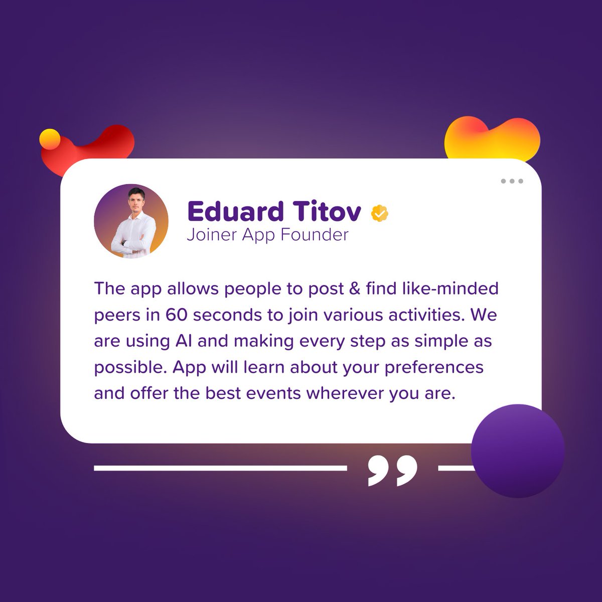 We are busy creating an application that would redefine the way people find their new favorite activities.

Want to be an early bird? Sign up by visiting our website 👇
getjoiner.com

#Community #Friends #App