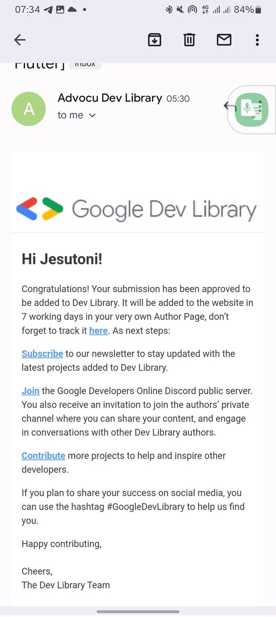 ToniAderibigbe's tweet image. It's happening🥳🥳
I wrote this new article on Sunday, published on Monday, and was approved on Tuesday.
Thank you, Google!😁
#GoogleDevLibrary