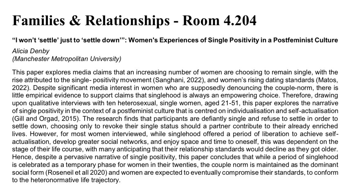 I’m very excited, and equally nervous, to be presenting at the #britsoc23 on Thursday in Paper Session 4 (11:00-12:30). I’ll be presenting early research findings from my PhD, focusing on women’s experiences of single positivity in a postfeminist culture.