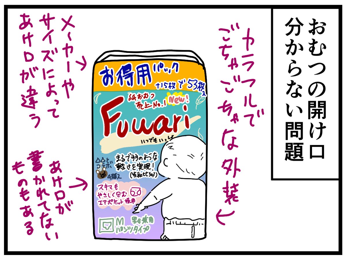 おむつ開け口問題。
ナナオは今はもうおむつ完全卒業したけど、毎回これだった。
「真ん中をハサミで切るといいですよ!」ってコメントいくつかもらったけど、ズボラだし毎回急いでるので結局こうなってました。
#育児漫画 