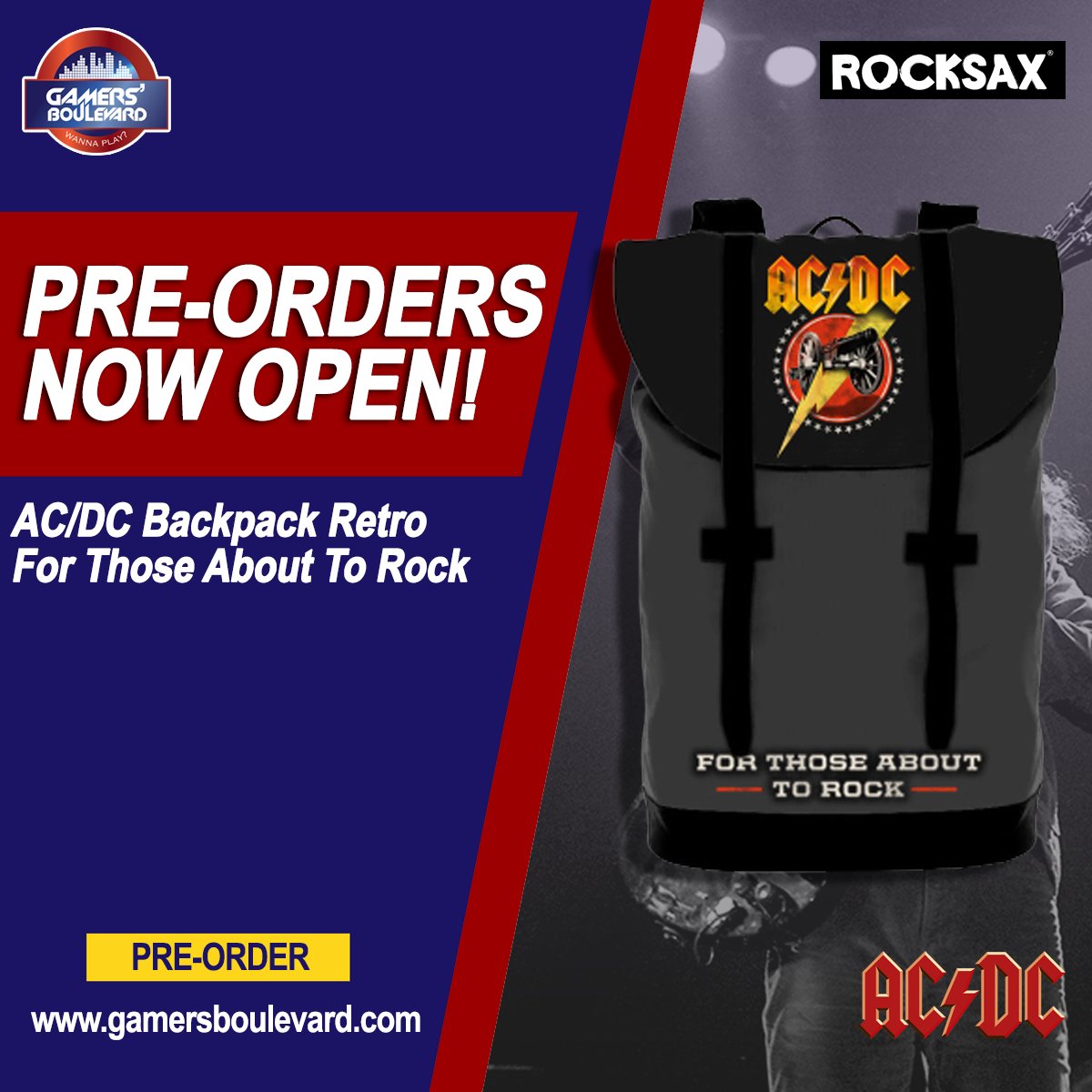 🔥🎸Ready to rock out in style with the AC/DC For Those About To Rock retro backpack! 🎒🎶 

Pre-orders now available at gamersboulevard.com! Don't miss out on this epic piece of rock merch! 🤘🏼🎸 

#ACDC #ForThoseAboutToRock #PreOrdersOpen #MerchAlert #GamersBoulevard