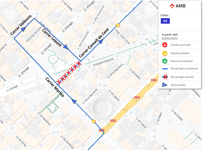 Mobilitat_AMB's tweet photo. 02/04 - Barcelona:  N3 Desviament provisional al carrer Consell de Cent senses afectació a parades
👉 Més info: https://t.co/EqfYg8BX3O https://t.co/HX9BVn13Wy