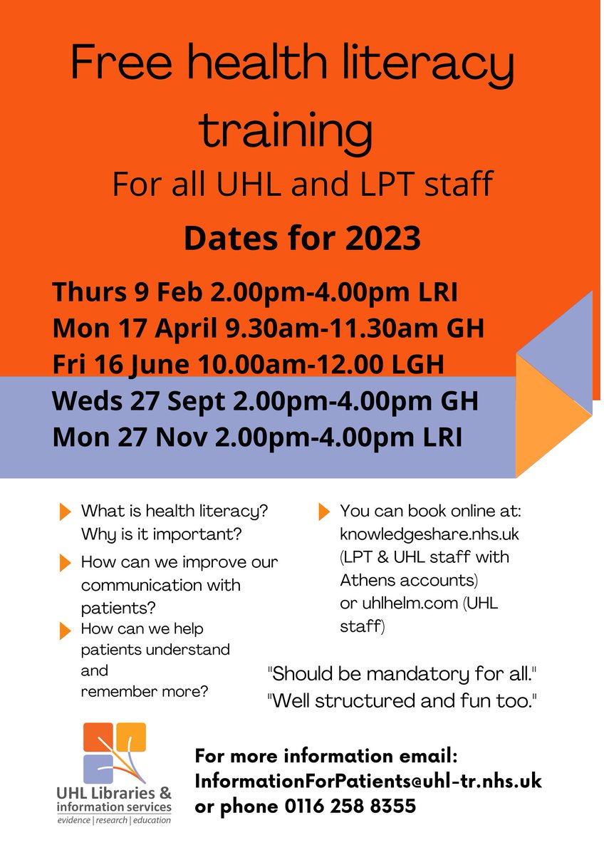 📣<a href="/Leic_hospital/">Leicester's Hospitals</a> &amp; <a href="/LPTnhs/">Leicestershire Partnership NHS Trust</a> our next #HealthLiteracy training takes place on 17 April 9.30-11.30am at Glenfield Hospital.
Places available - or sign up for a session later in the year 👇
<a href="/LearningUHL1/">Learning@UHL</a> <a href="/WACEducationUHL/">Women’s and Children’s Education Team UHL</a> <a href="/ItapsUhl/">UHL ITAPS Education Team</a> <a href="/UHL_ClinEd/">UHL Clinical Education</a> <a href="/CHUGGScmg/">CHUGGS</a> <a href="/EsmRrcv/">RRCV & ESM - UHL</a> <a href="/UHLRRCV/">UHL Renal Respiratory Cardiovascular</a> <a href="/CSI_UHL/">Clinical Support & Imaging (CSI) - UHL</a>
