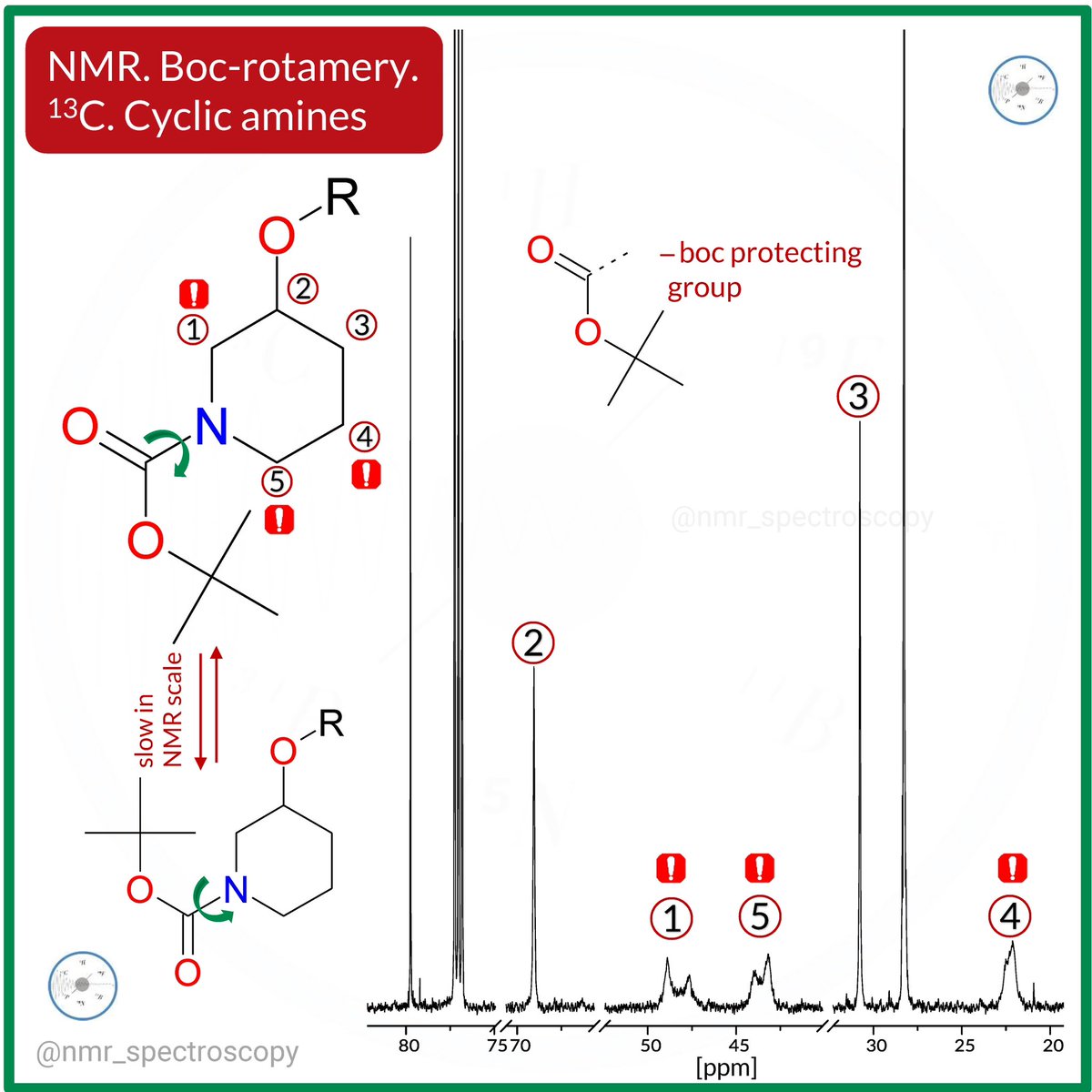 ⁉️Do you frequently use Boc protecting group? Check out this example of its impact on rotamery in cyclic amines using 13C NMR spectroscopy!
✏️📝🧪
#nmr #nuclearmagneticresonance #nmrchat #organicchemistry #chemistry #spectroscopy #farma #medicalchemistry #chemie #quimica
