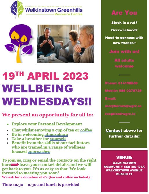 WGRC_D12's tweet photo. Starting next Wednesday 12.30 - 2.30pm and lunch is provided.
Book by mailing marybarnes@wgrc.ie or reception@wgrc.ie or call 01-4198630 / 086-0278729 https://t.co/yx0amlh2C1